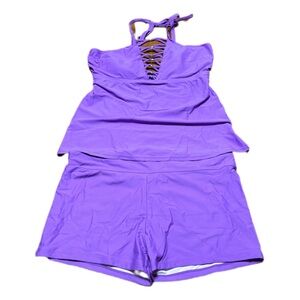 NWT Zesica Violet Beaded Cut Out Tankini Boy Short Set, Size Medium